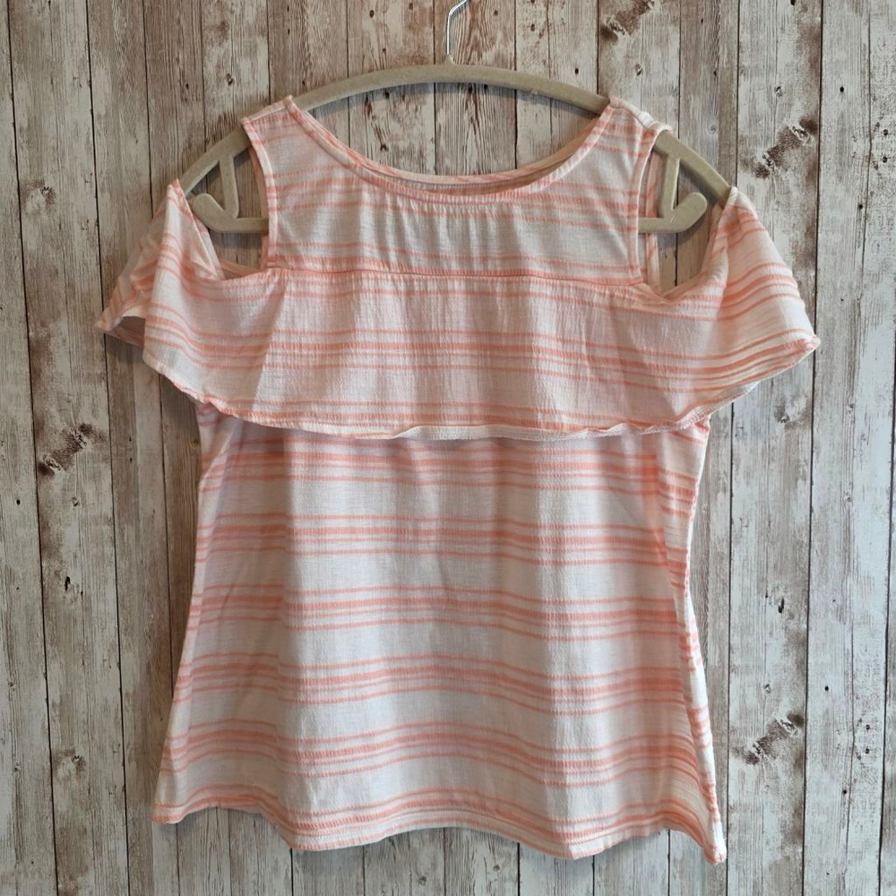 Women's Soho White Pink Striped Cold Shoulder Short Sleeve Tee XS - Picture 2 of 7